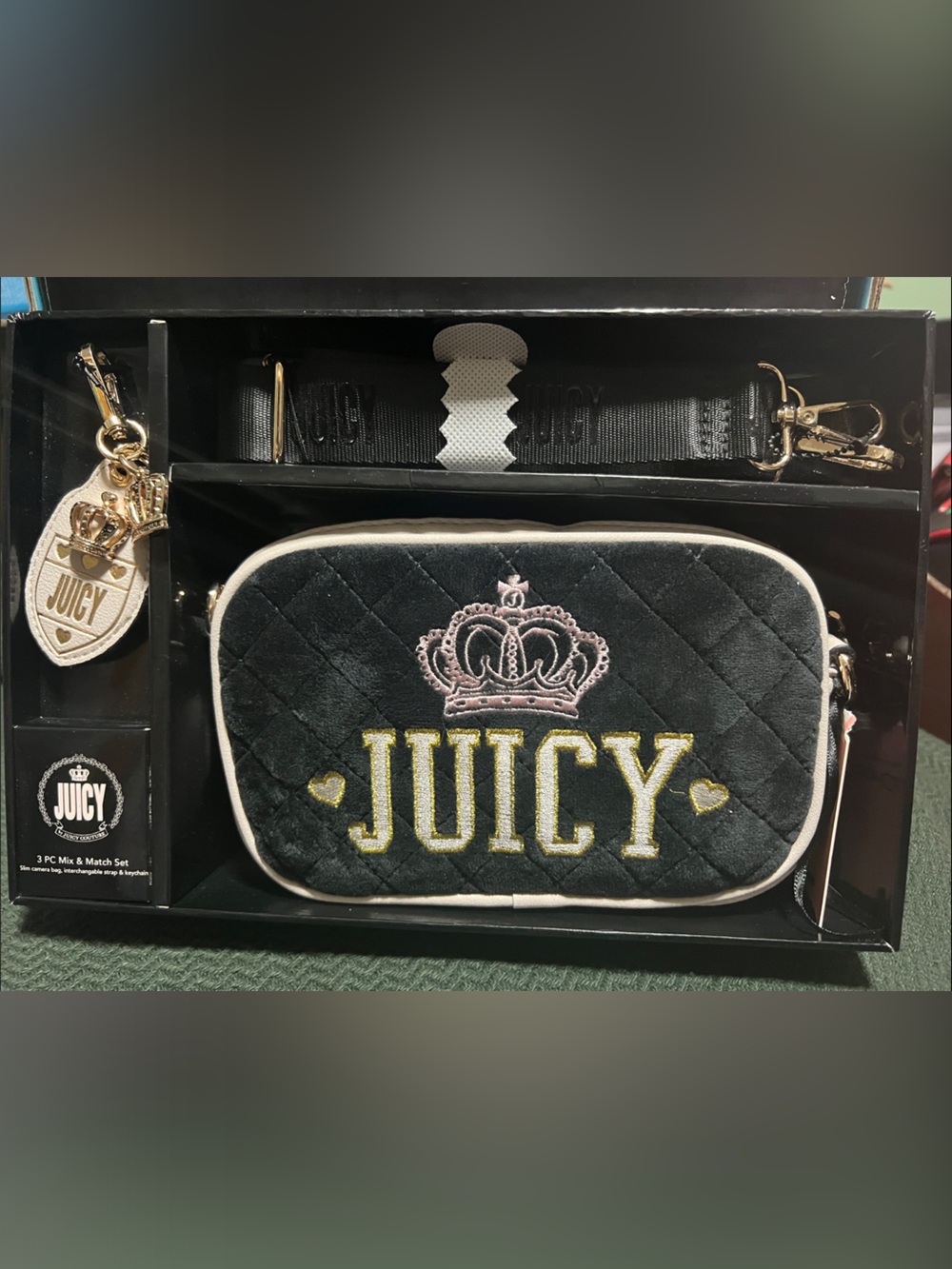 Juicy Couture Black Quilted Crossbody Pouch Camera Bag with Gold & Pink Accents